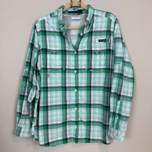 Columbia PFG Super Bahama Aqua Plaid Shirt L